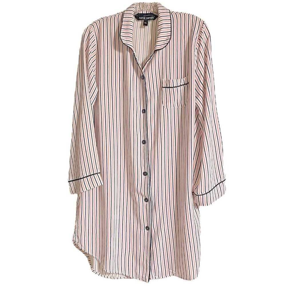 Vintage Harve Benard Night Sleep Shirt XL Stripes Collar Long Sleeve Pink Black